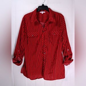 Notations Red Striped Button Up Blouse